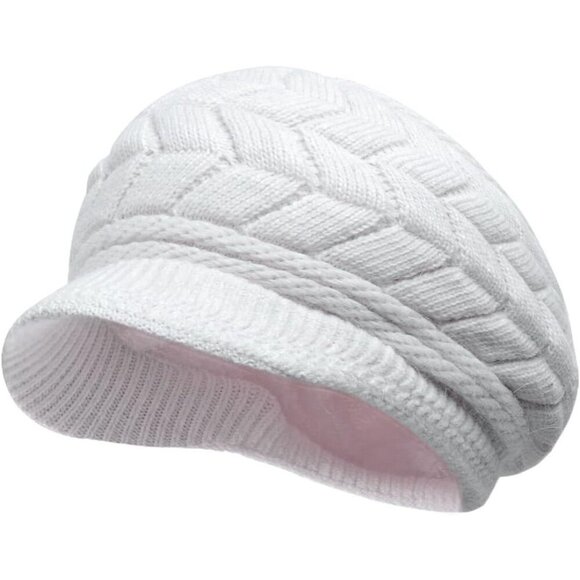 〽️Women’s White Winter Warm Knit Wool Snow Ski Hat with Visor main image 7